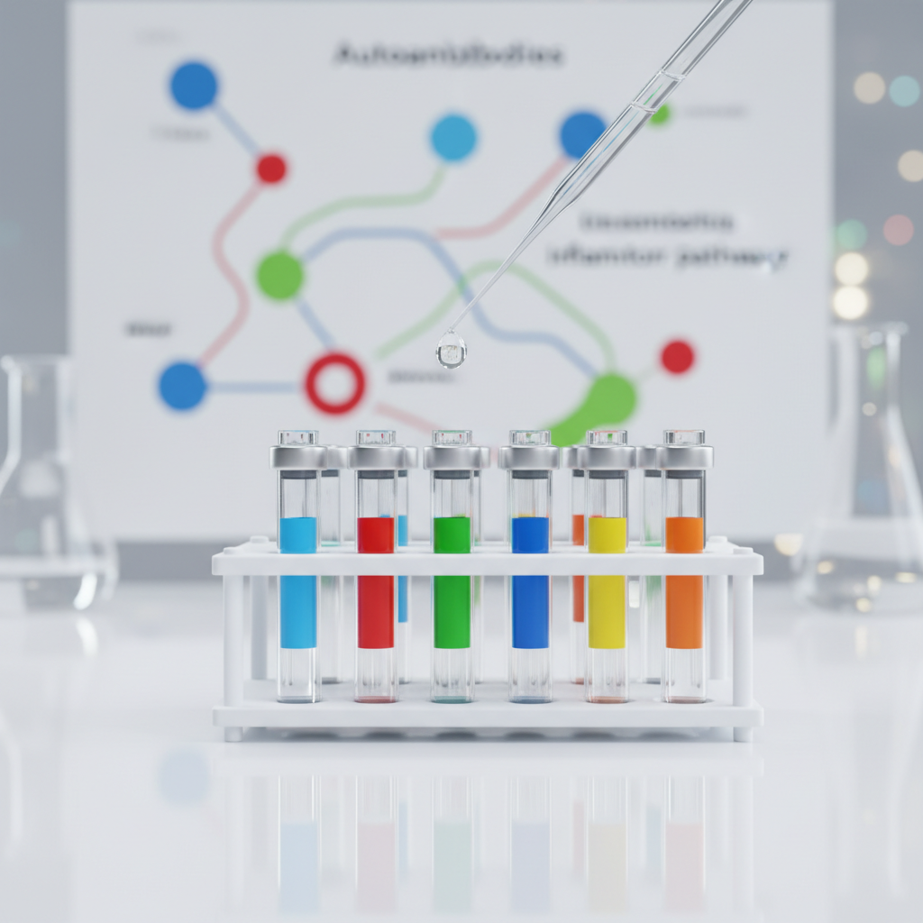 A photographic realism macro shot of several transparent lab tubes and serum vials labeled only with color strips, standing in a white rack on a glossy lab bench. Behind them, gently out of focus, lies a printed schematic of autoantibodies and inflammatory pathways associated with rheumatologic diseases, reduced to colorful molecular icons without readable text. Cool, even laboratory lighting creates sharp reflections and a sense of sterility, while faint bokeh highlights from distant instruments add depth. The composition centers on a single droplet about to fall from a pipette into one tube, symbolizing diagnostic investigation. The mood is analytical and forward-looking, suitable for discussing immunology, biomarkers, and the scientific basis of rheumatology practice.