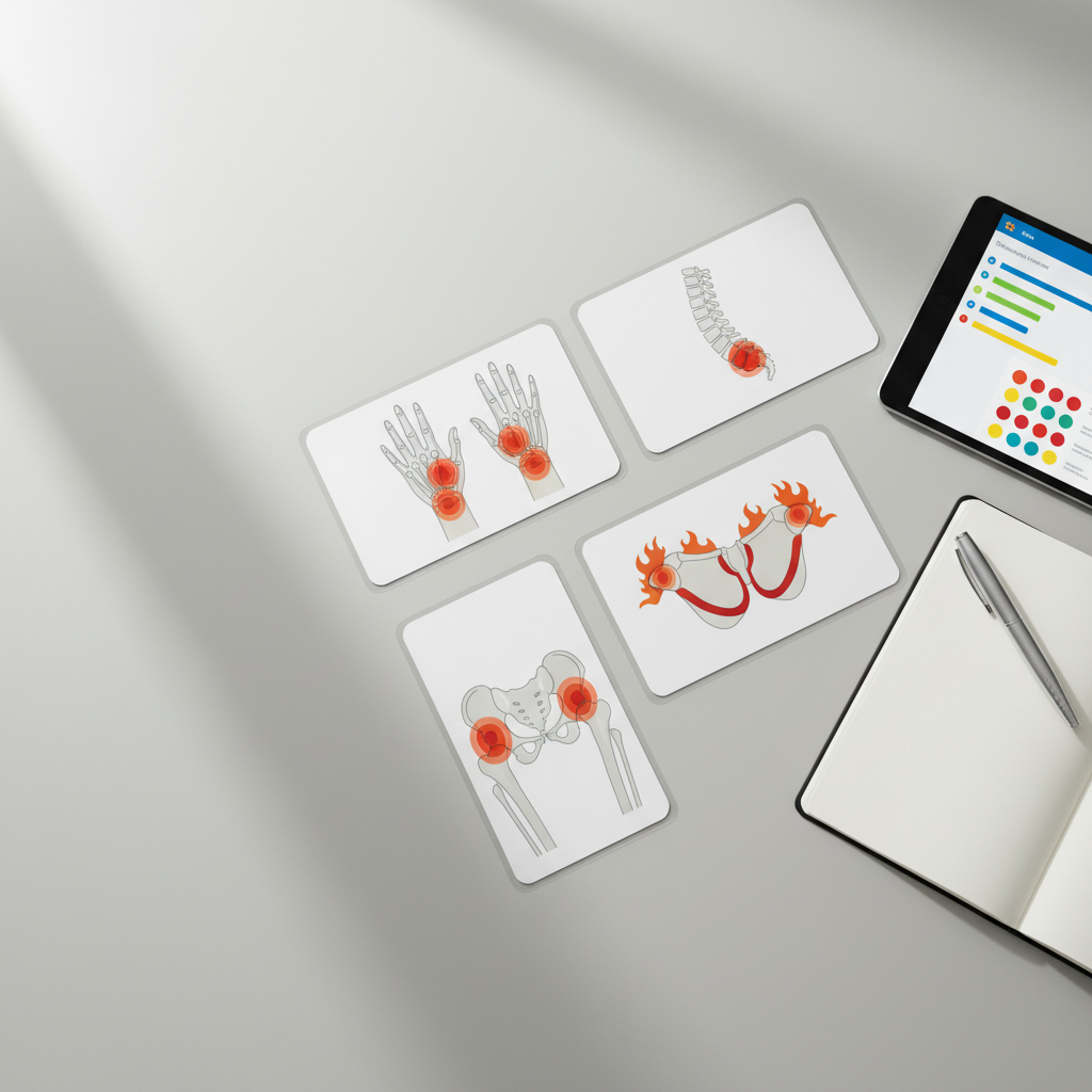 A top-down photographic realism image of multiple laminated teaching cards spread across a neutral desk, each card containing simplified diagrams of different joints: hands, spine, hips, and shoulders, with color accents marking inflamed areas. No readable text, only icons and color codes. Among them lies a sleek pen, a blank notepad, and a tablet with a stylized dashboard of disease activity scores represented as simple colored bars and circles. Soft, diffused daylight from a side window creates an even, shadow-light pattern that feels calm and didactic. The composition is slightly asymmetrical, with clear negative space for overlaying website interface elements, creating a professional, educational hero image about structuring complex rheumatology content for varying levels of understanding.