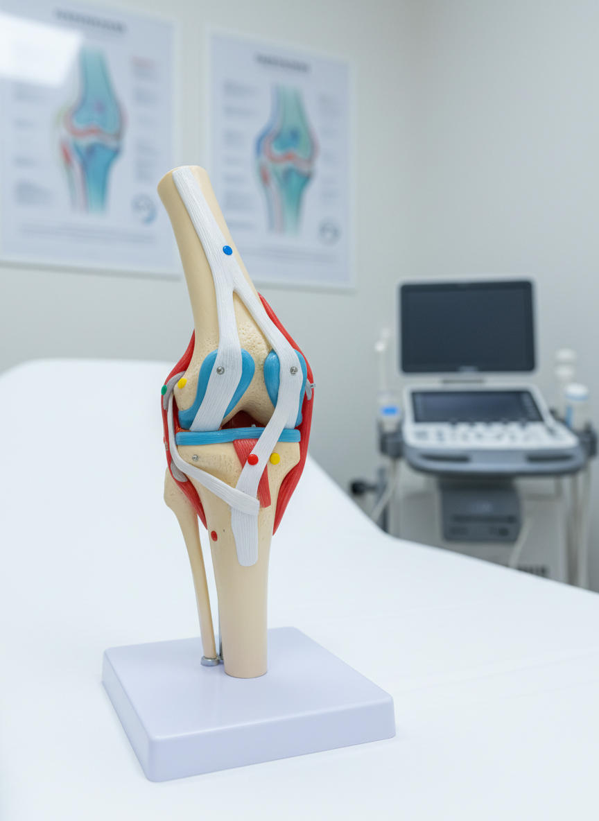 A close-up, photographic realism image of a detailed 3D anatomical model of a human knee joint placed on a white clinical examination table. The model shows bones, ligaments, cartilage, and inflamed synovial lining in contrasting colors to illustrate arthritis, with tiny printed labels replaced by color-coded markers instead of readable text. In the softly blurred background, there are wall-mounted medical posters with abstract joint silhouettes and a sleek ultrasound machine. Cool, diffused overhead clinic lighting creates clean, shadowless illumination, emphasizing clarity and precision. The composition uses rule of thirds, with the knee model sharply in focus and the environment gently out of focus, producing a professional, didactic mood suitable for explaining rheumatologic diseases to both laypeople and specialists.