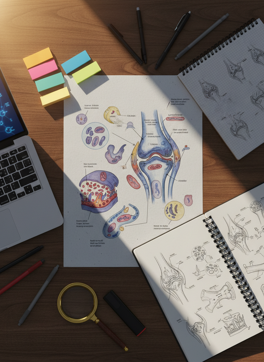 A photographic realism, bird’s-eye view of an organized study desk dedicated to rheumatology education, with no people present. At the center lies a large printed schematic of the immune system attacking joint tissue, illustrated with vivid but tasteful colors. Surrounding it are color-coded sticky markers without readable text, a laptop showing an abstract chart of inflammatory markers, and several open notebooks filled with neatly drawn anatomical sketches. Warm afternoon light streams diagonally across the wooden surface, casting soft, elongated shadows from pens and a magnifying glass. The mood is studious and reflective, suggesting ongoing learning and sharing of clinical experience. Composition emphasizes balance and clarity, with sharp focus throughout, ideal for illustrating the site’s mission of continuous medical discussion and knowledge building in rheumatology.