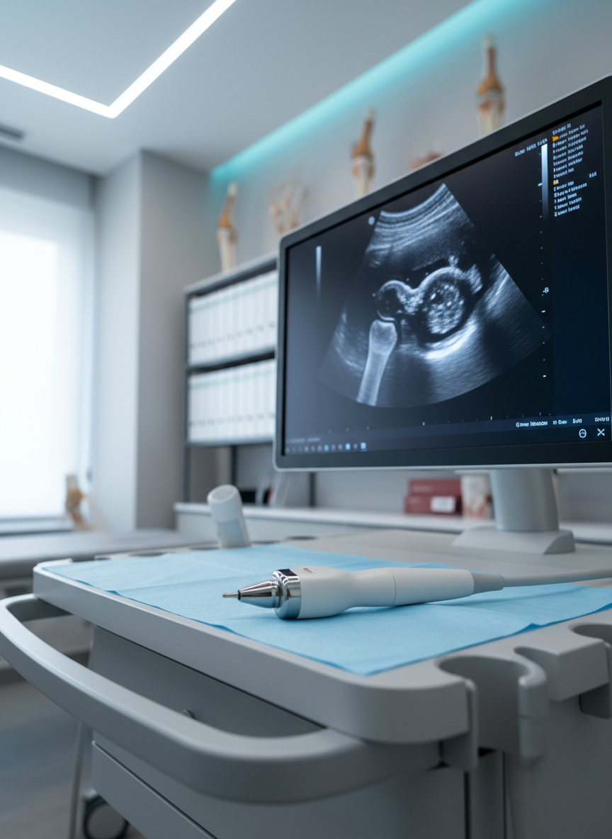 A side-lit, photographic realism close-up of a pristine ultrasound probe resting beside a high-resolution monitor that displays a grayscale image of a swollen finger joint, stylized so there is no text but clear contrast between normal and inflamed tissues. The equipment sits on a smooth, neutral-toned cart in a modern examination room, with shelves of neatly organized, unlabeled medical binders and joint models visible in soft focus. Cool, clean LED lighting combines with a subtle highlight from a nearby window, creating crisp reflections on the plastics and metal. Shot from a slightly low, three-quarter angle, the scene feels advanced, precise, and clinically focused, communicating state-of-the-art rheumatologic assessment in public and private healthcare settings.