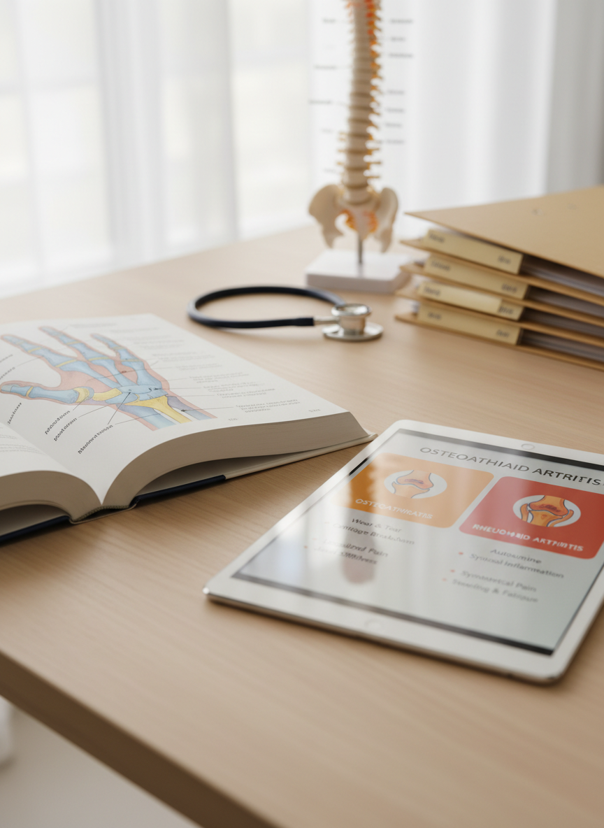 A highly detailed, photographic realism image of a clean rheumatology consultation workspace without any people. The focus is on an open medical textbook showing a large, clear anatomical diagram of hand joints with highlighted cartilage and synovial membranes, alongside a tablet displaying a colorful infographic comparing osteoarthritis and rheumatoid arthritis. The objects rest on a light wood desk with a stethoscope, labeled spine model, and neatly stacked patient files in the background. Soft daylight from a nearby window creates gentle reflections on the tablet screen and subtle shadows, giving a calm, professional, educational atmosphere. Shot at eye level with a slight angle, using shallow depth of field so the central diagram is sharp while the background softly blurs for a modern, trustworthy medical education homepage banner.